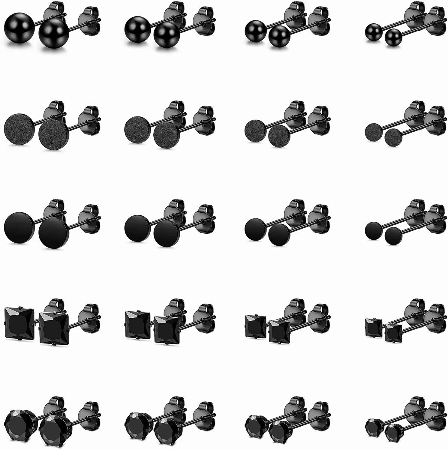 20 Pairs Stainless Black Stud Earrings for Men Women Earring Set CZ Inlaid 3mm-8mm - Grocery