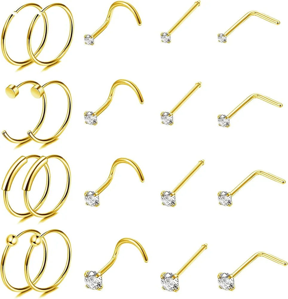 Nose Rings for Women Men; Nostril Nose Piercing Jewelry Set; Surgical Steel Nose Ring Hoops; L Shape Nose Stud; Screw Nose Studs; Bone Nose Studs - Grocery