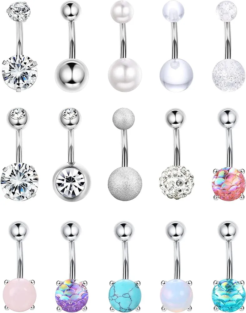 15Pcs 14G Belly Button Rings for Women Stainless Button Rings CZ Opal Navel Belly Rings Barbells Body Piercing Jewelry - Grocery