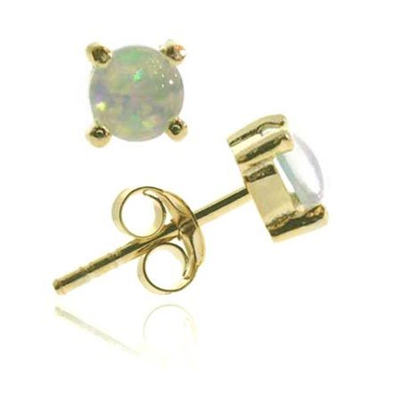 18K Gold over Sterling Silver Created White Opal 6mm Round Stud Earrings - Grocery