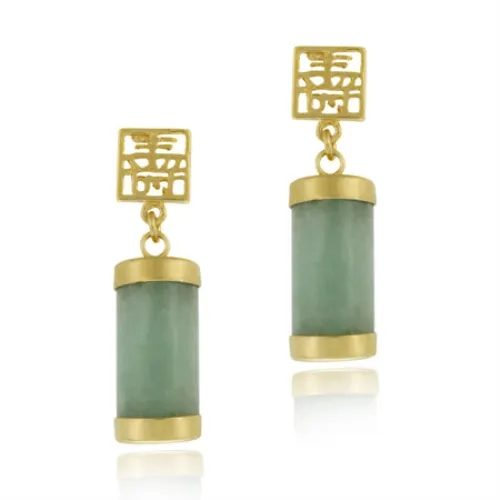 18K Gold over Sterling Silver and Green Chinese Jade 'Longevity' Dangle Earrings - Grocery