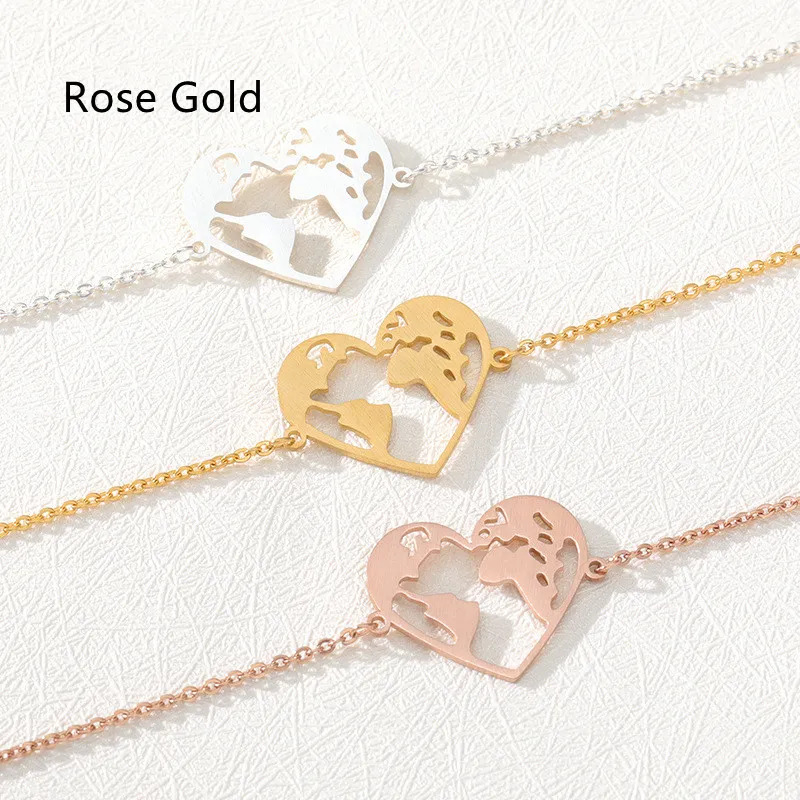 Heart-shaped Hollowed Out World Map Stainless Steel Pendant Bracelet - Grocery