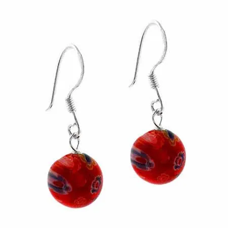 Sterling Silver Red Millefiori Murano Glass Dangle Earrings - Grocery