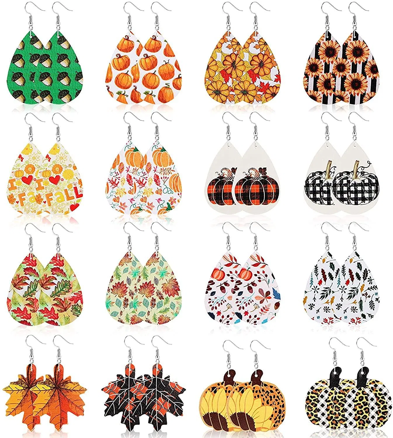 16 Pairs Faux Leather Earrings for Women Autumn Teardrop Dangle Earrings Set Pumpkin Sunflower Maple Leaf Acorn Thanksgiving Jewelry - Grocery