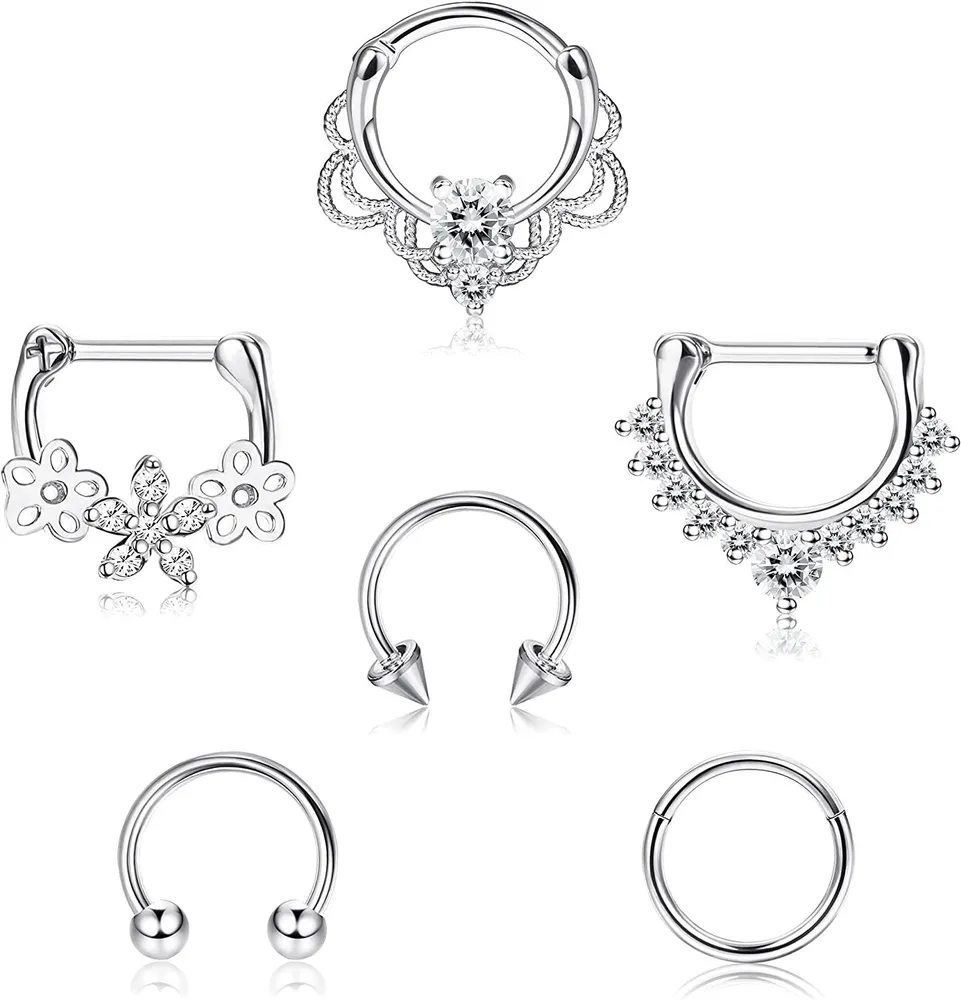 16G Septum Rings Stainless Hoop Nose Ring Cartilage Helix Tragus Hoop Daith Earrings Septum Clicker Ring Piercing Jewerly 6Pcs - Grocery