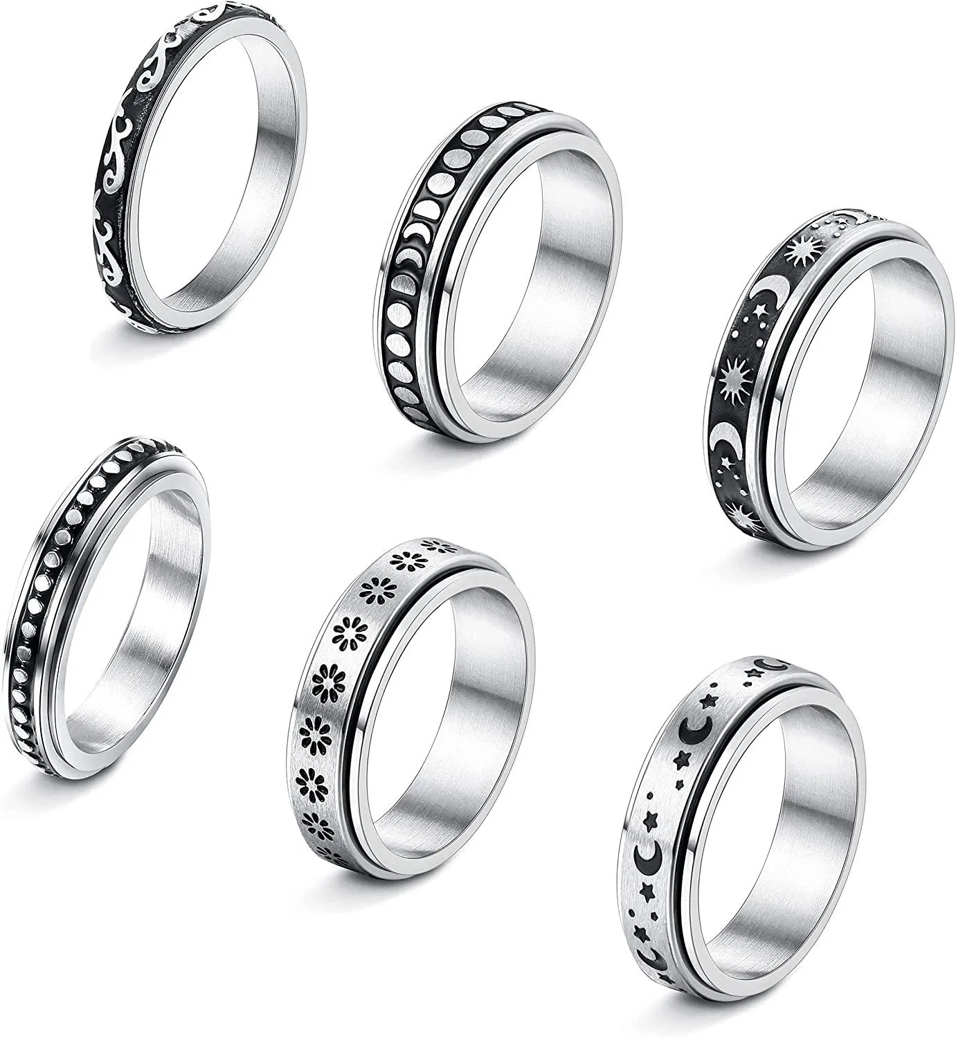 6PCS Stainless Spinner Rings for Women Men Fidget Band Rings Moon Star Flower Stress Relieving Meditation Rings Wedding Promise Fidget Rings - Grocery