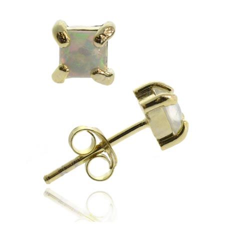 18K Gold over Sterling Silver Created White Opal 4mm Square Stud Earrings - Grocery