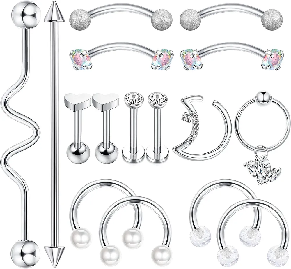 14G Surgical Industrial Piercing Jewelry for Women Industrial Barbell Earring Set Cartilage Rook Helix Tragus Daith Lip Piercing 16pcs - Grocery