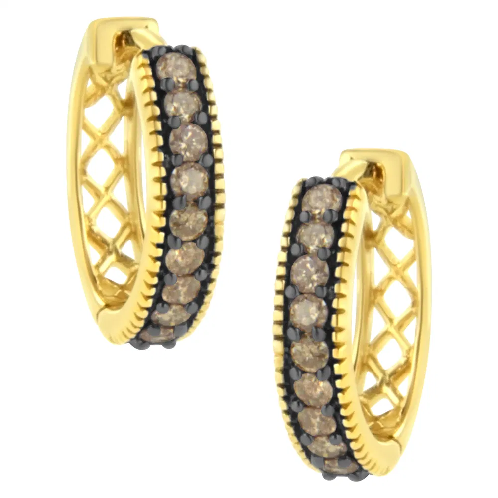 10K Yellow Gold and Black Rhodium 1/2 Cttw Lattice Back Cutout and Round-Cut Diamond Hoop Earring (J-K Color, I1-I2 Clarity) - Grocery