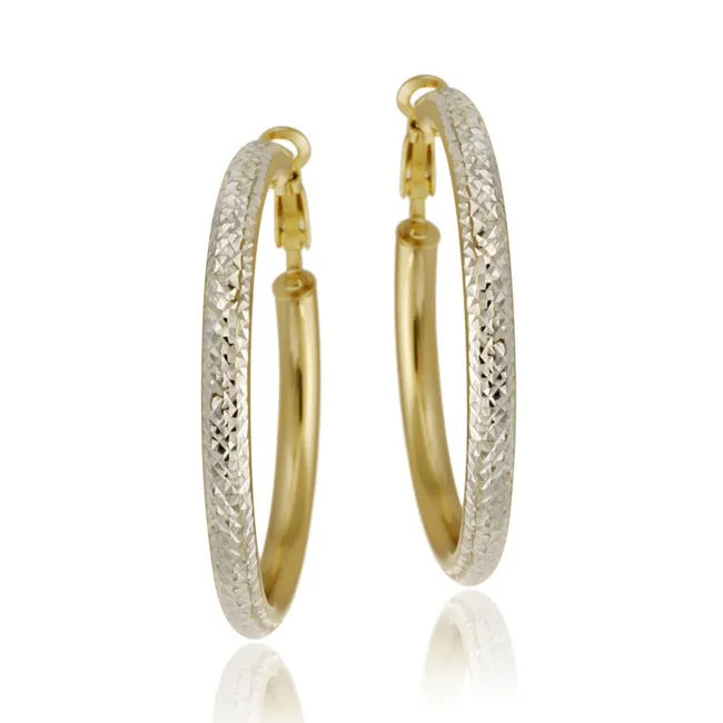 18K Gold over Sterling Silver Two-Tone 50mm Diamond Cut Hoop Earrings - Grocery