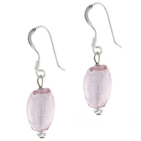 Sterling Silver Pink Glass Foil Bead Oval Dangle Earrings - Grocery