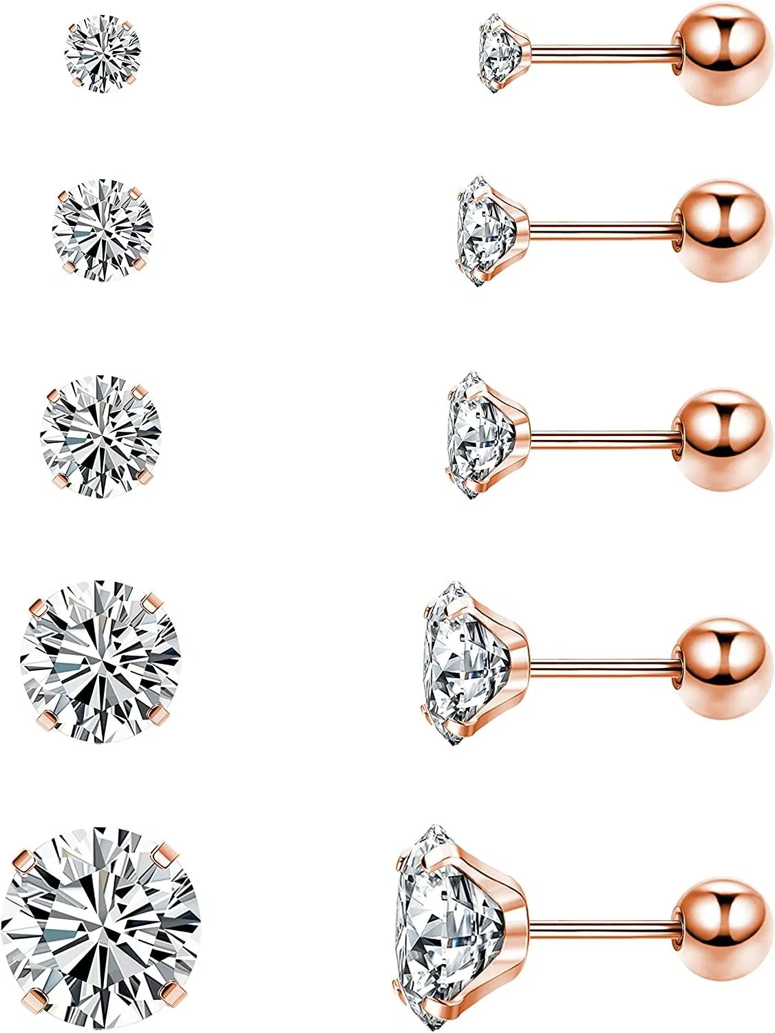 CZ Stud Earrings for Women Men 3-8MM Round Cubic Zirconia Earring Studs Surgical Cartilage Helix Tragus Stud Earring Set 5 Pairs - Grocery