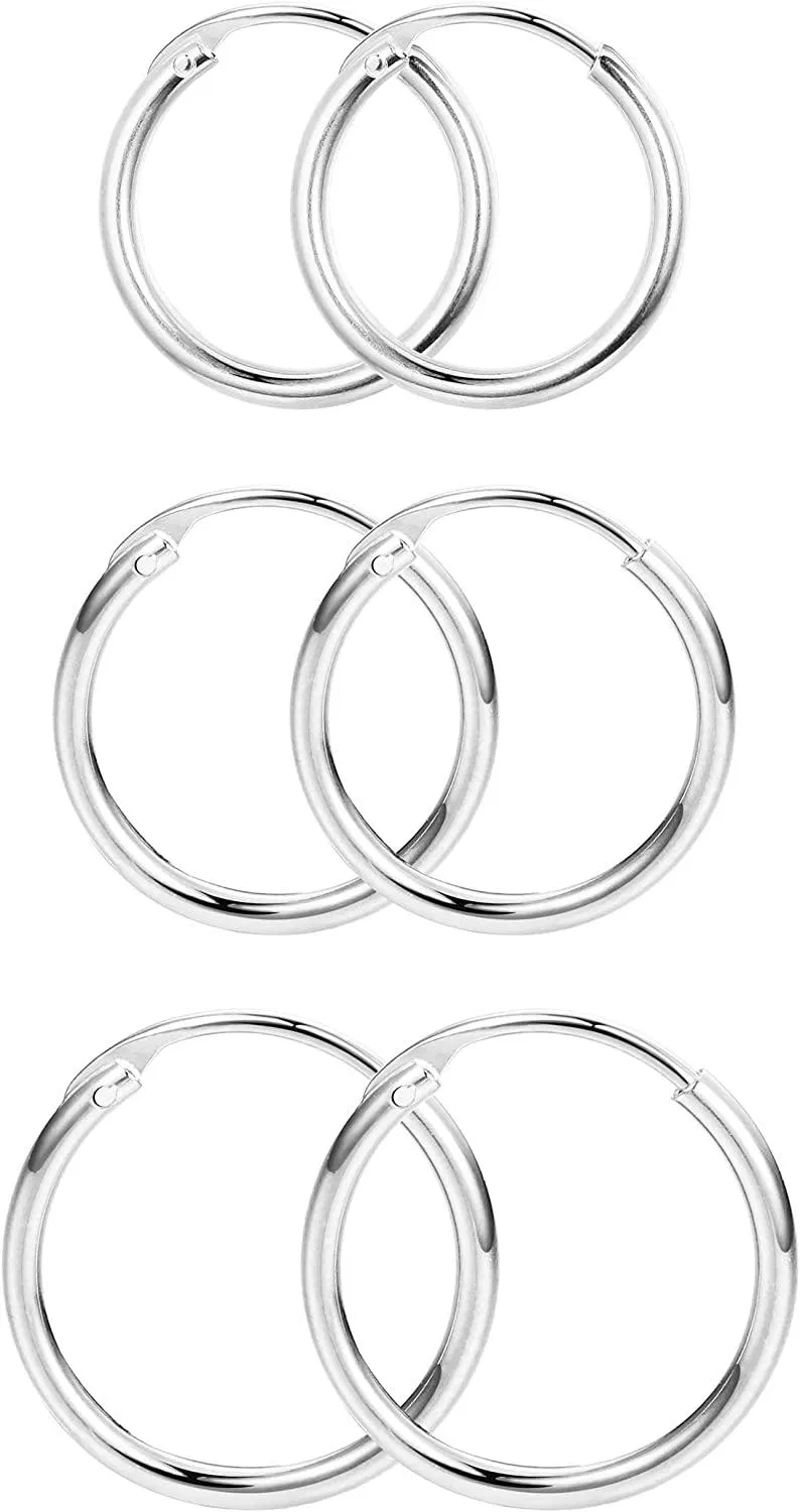 3 Pairs 925 Sterling Polished Endless Cartilage Hoop Earrings for Men Women - Grocery