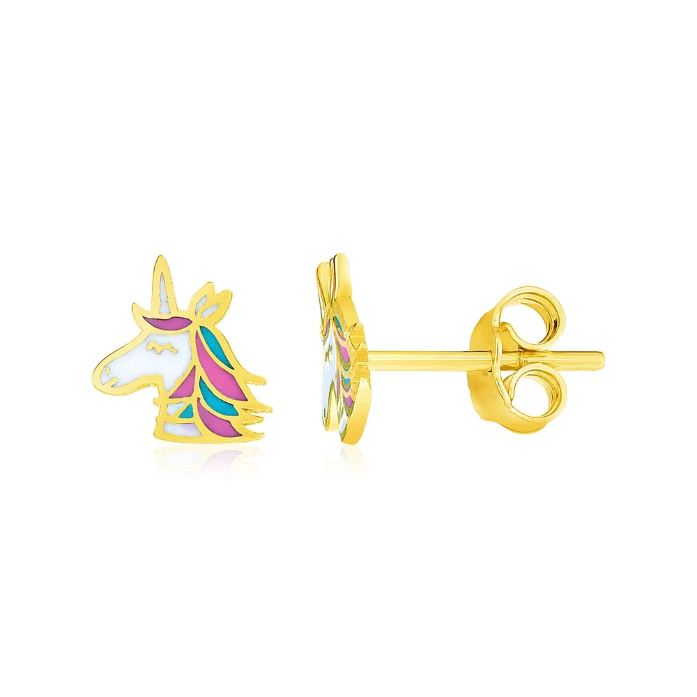 14k Yellow Gold Enameled Unicorn Childrens Earrings - Grocery