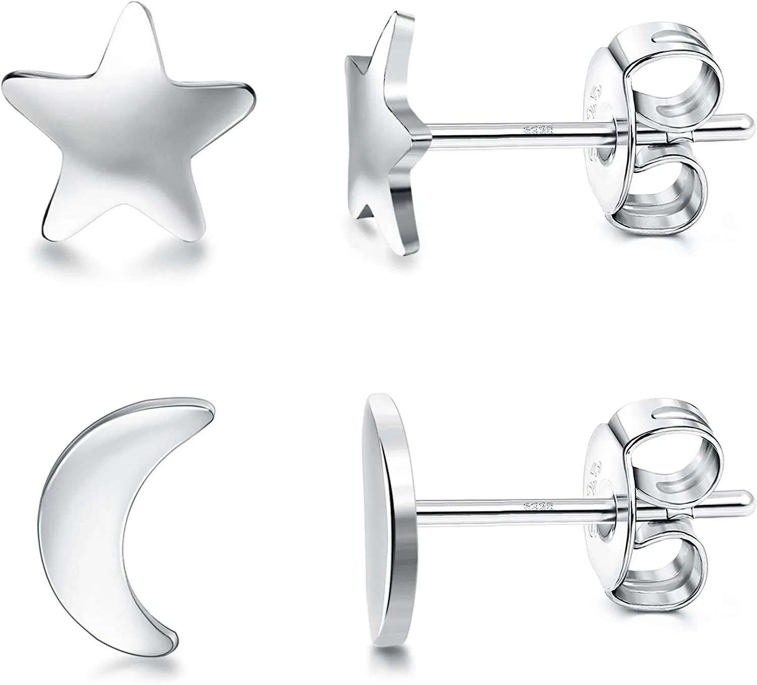 2 Paris 925 Sterling Silver Star Moon Stud Earrings for Women Small Stud Earrings Set Hypoallergenic - Grocery