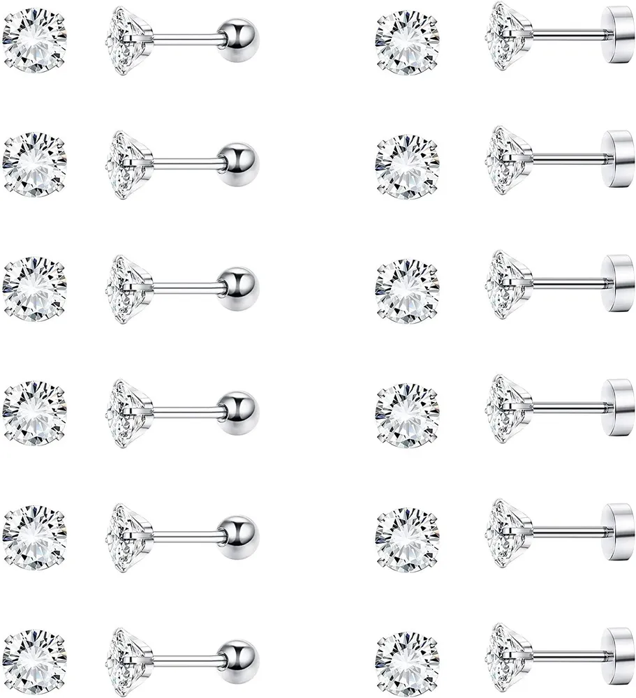 12 Pairs Stud Cartilage Earrings for Women Men Screw Barbell Flat Back Ear Piercing Set 18G Round CZ - Grocery