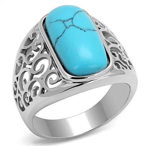 TK3043 - High polished (no plating) Stainless Steel Ring with Synthetic Turquoise in Sea Blue - Grocery
