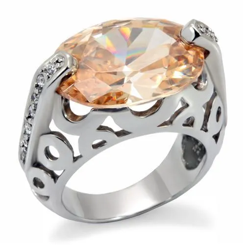 TK092 - High polished (no plating) Stainless Steel Ring with AAA Grade CZ in Champagne - Grocery