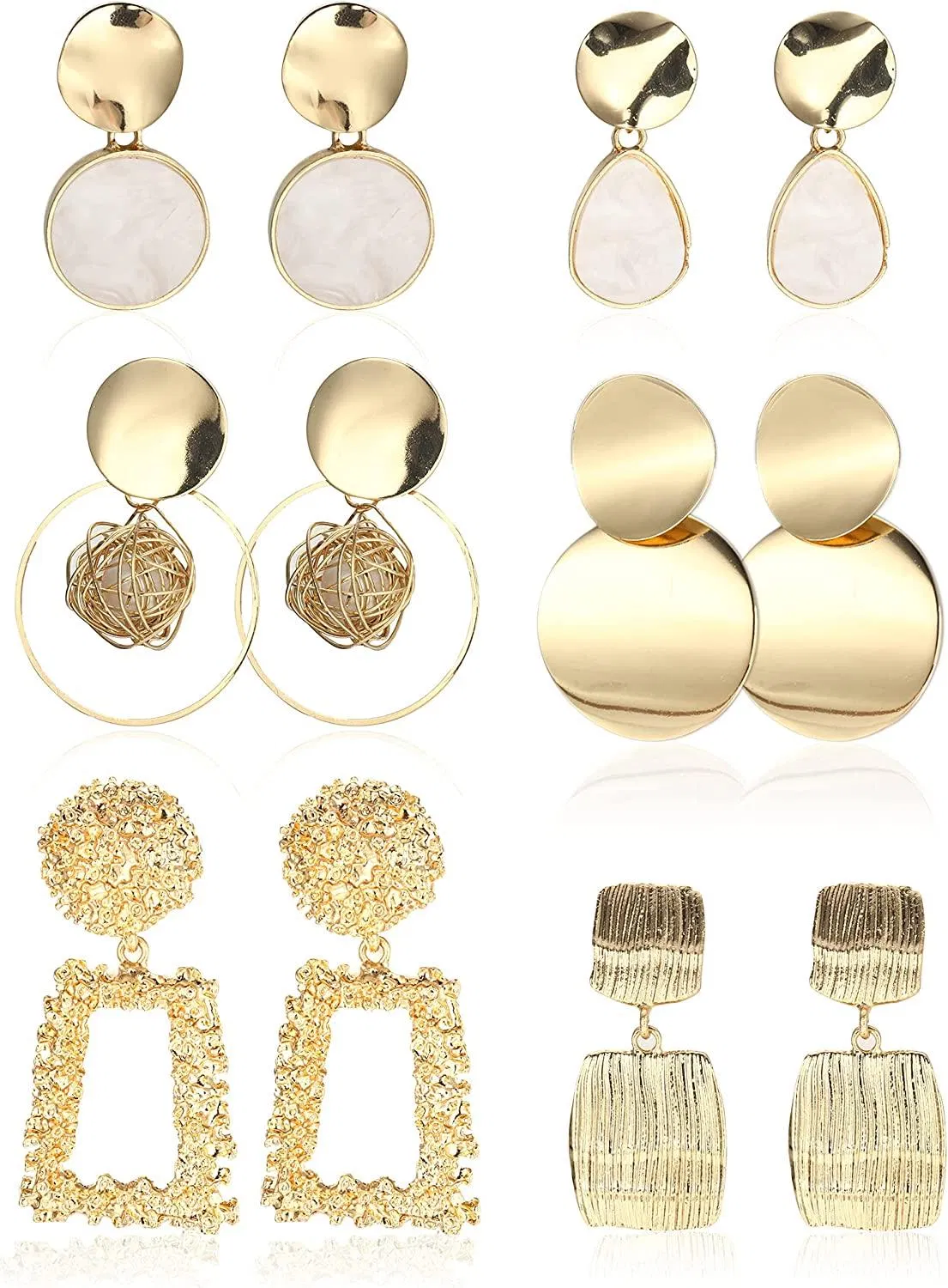 6Pairs Clip On Dangle Earrings for Women Geometric Statement Non Pierced Ear Clips Bohemian Golden Metal Earrings - Grocery