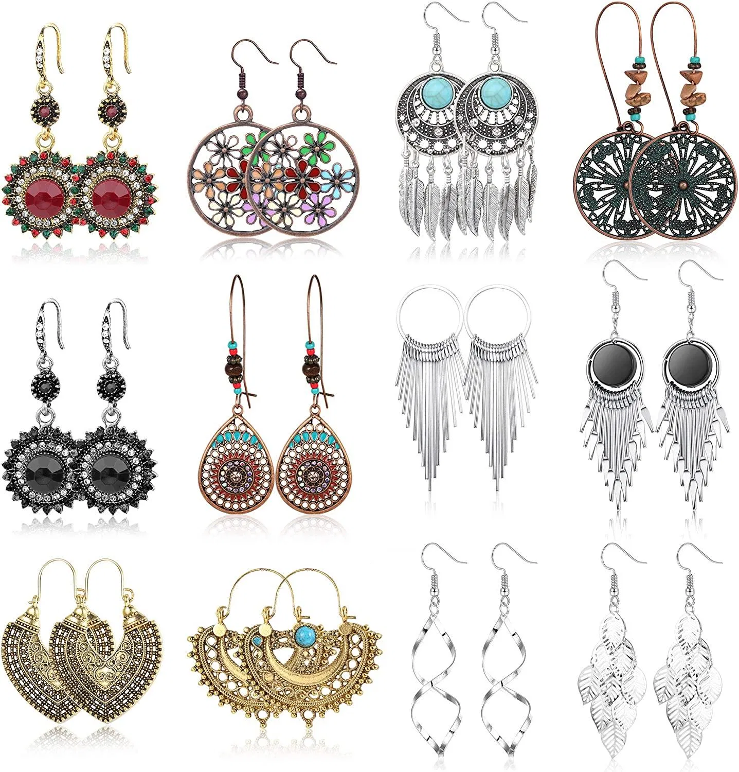 12 Pairs Bohemian Vintage Drop Dangle Earrings for Women Statement Tassel Boho Earring Set Christmas Jewelry - Grocery