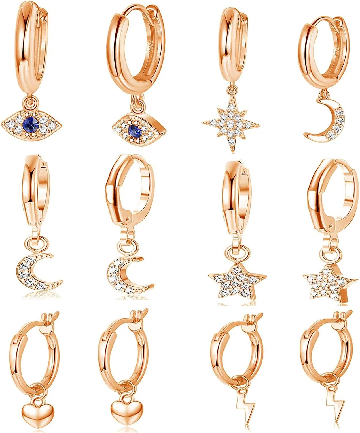 6 Pairs Huggie Hoop Earrings for Women Heart CZ Star Moon Evil Eye Dangle Hoop Cute Drop Earrings Set - Grocery