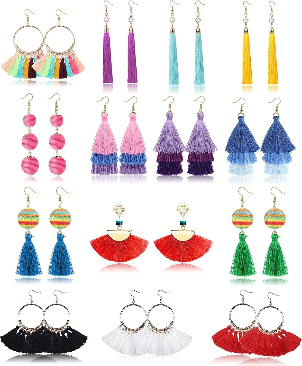 Tassel Earrings Layered Colorful Long Thread Ball Dangle Drop Earrings Bohemian Tiered Fringe Earring Set Jewelry for Women Girls - Grocery