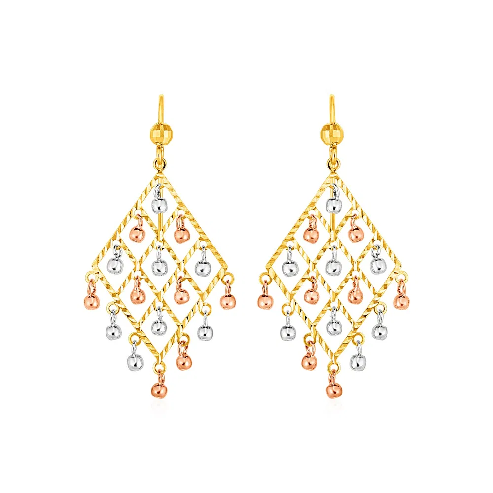 Textured Chandelier Earrings with Ball Drops in 14k Tri Color Gold - Grocery