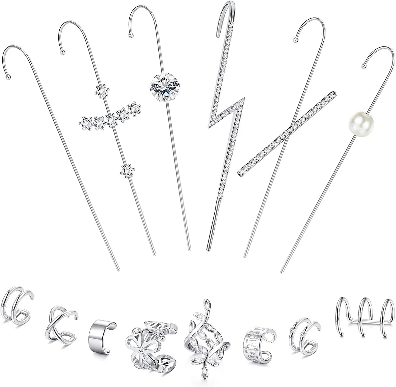 14 Pcs Ear Wrap Crawler Hook Earrings Earcuffs Earrings for Women Climber Piercing Ear Cartilage Cuff Earrings - Grocery