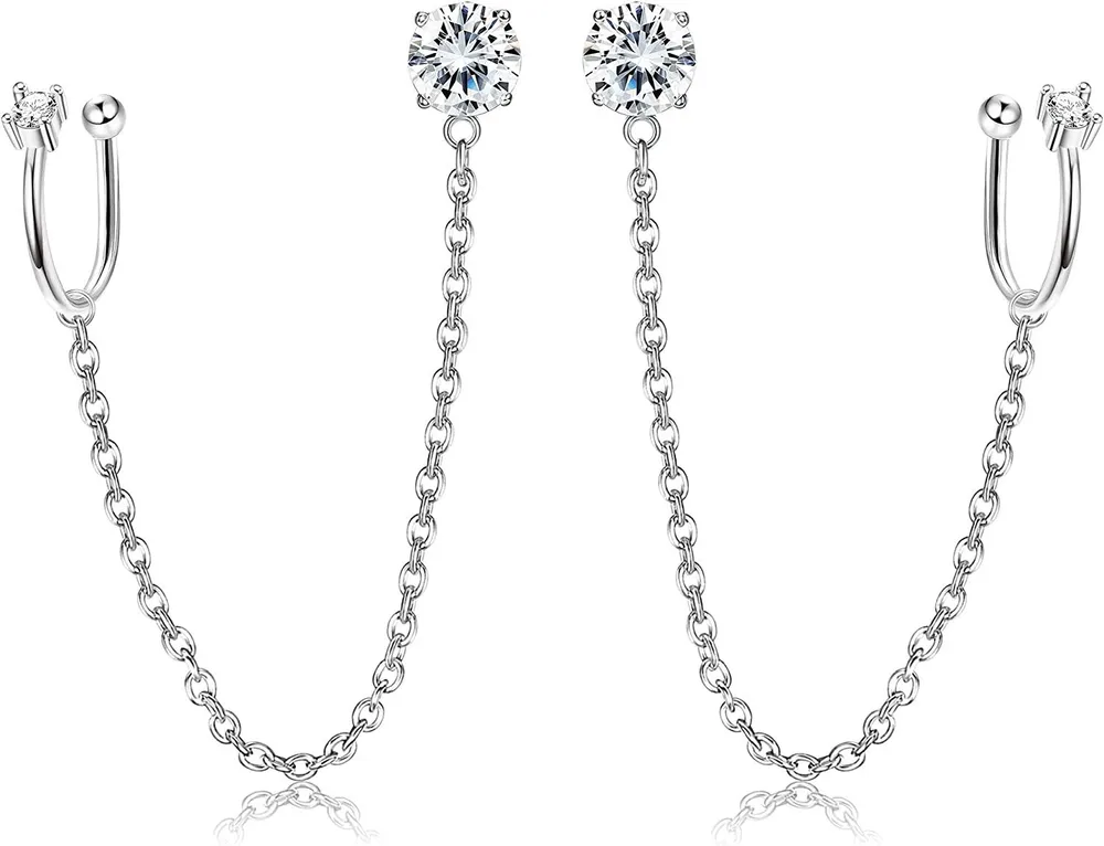 925 Sterling Cuff Earrings Chain Studs for Women Heart/Cubic Zirconia/Moon Star Wrap Crawler Stud Earrings Cartilage Hypoallergenic Earrings - Grocery