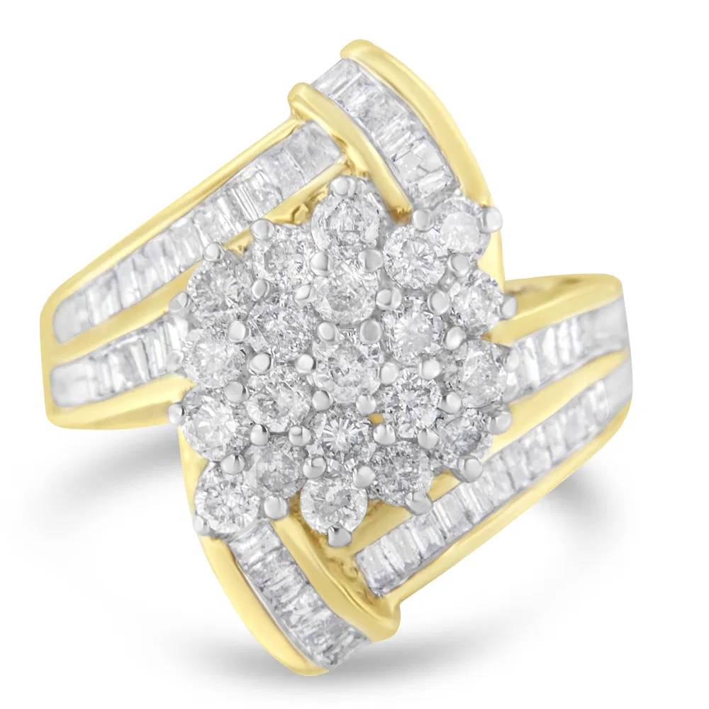 10K Yellow Gold Round and Baguette Diamond Crossover Cluster Ring (3 Cttw, I-J Color, I1-I2 Clarity) - Grocery