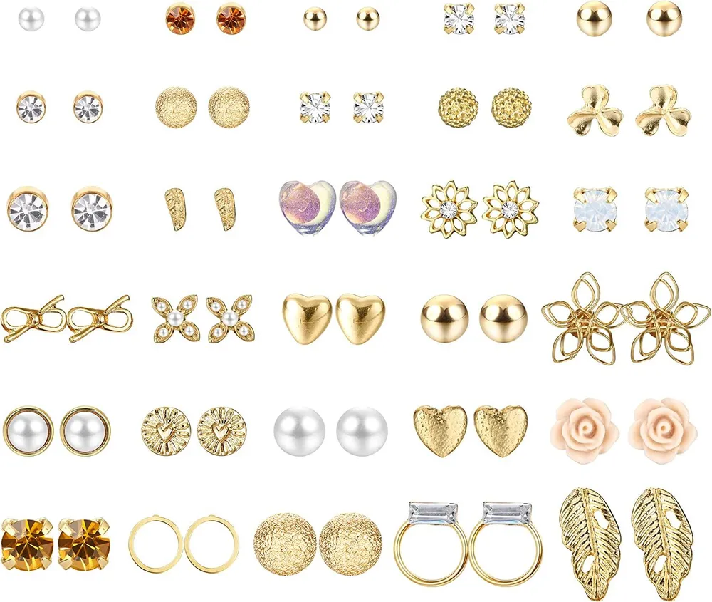 30 Pairs Gold Stud Earrings for Women Heart Flower Leaf Circle CZ Ball Earrings Stud Small Stud Earring Pack - Grocery