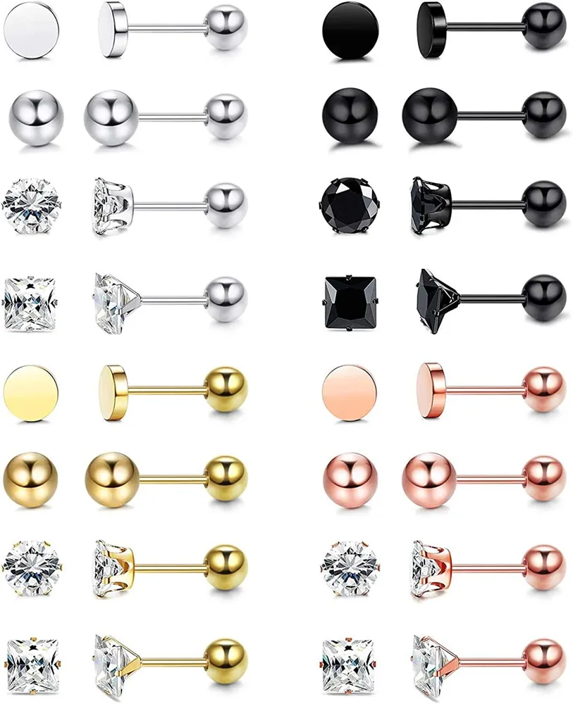 16 Pairs 20G 316 Stainless Stud Earrings Barbell Cartilage Tragus Helix Earring Piercing Multicolor CZ Round Ball Earrings Set for Women Men 3-6mm - Grocery