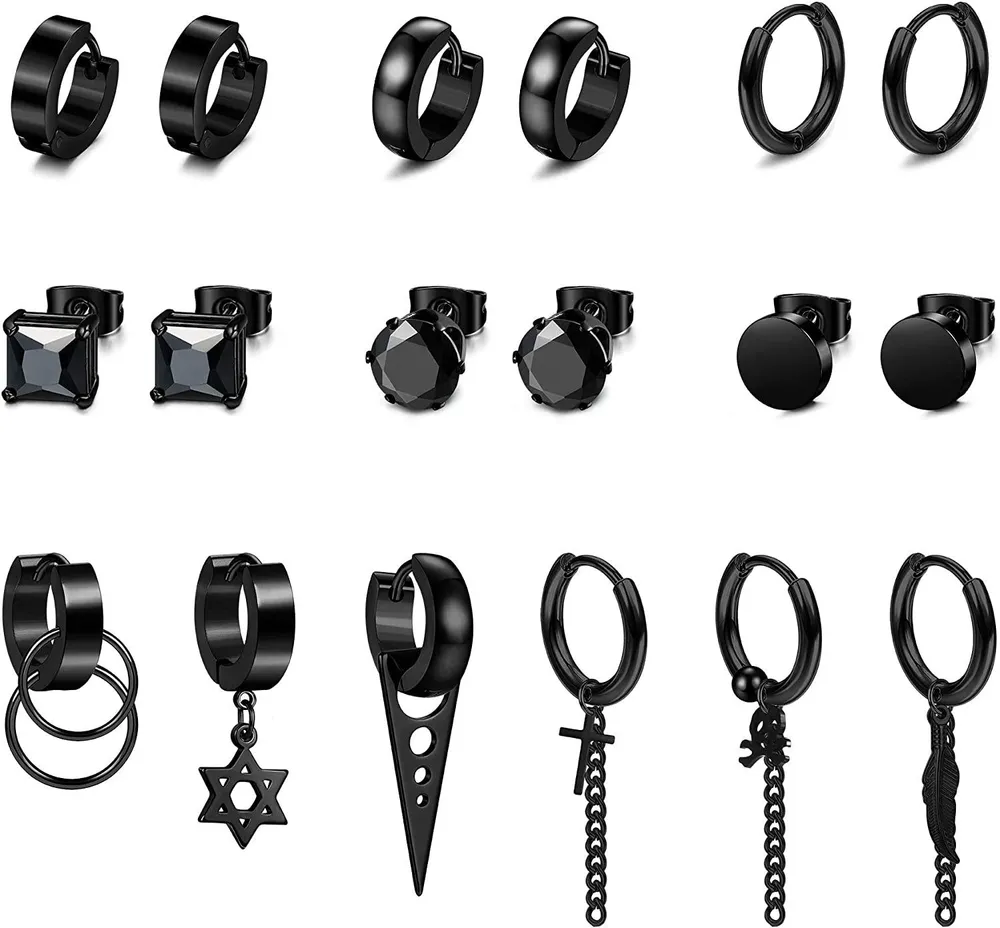18Pcs Earrings Huggie Hoop Earrings Stainless CZ Stud Earrings Goth Punk Cross Leaf Skull Chain Dangle Earrings for Men Women - Grocery