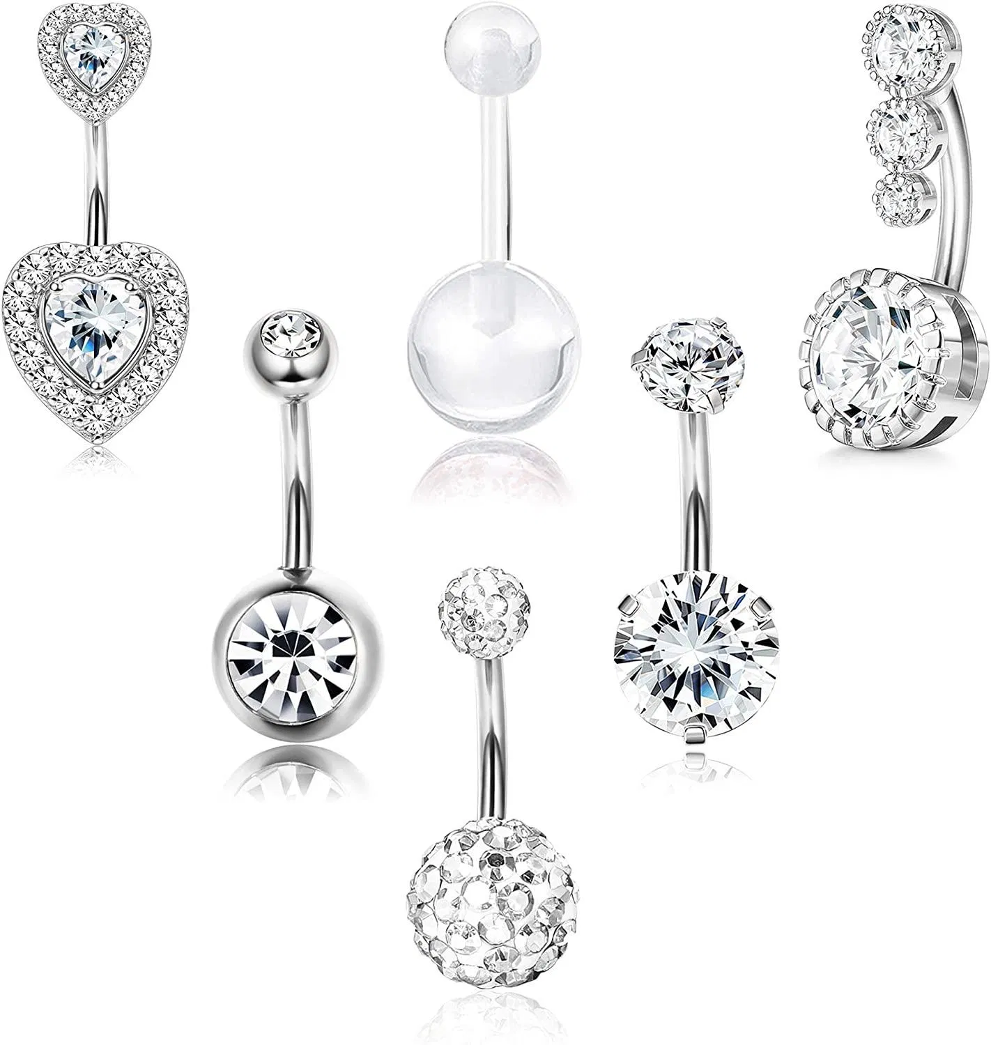 Belly Button Rings Surgical Reverse Navel Rings for Women Curved Barbell CZ Cute Body Piercing Jewelry 14G 6Pcs - Grocery