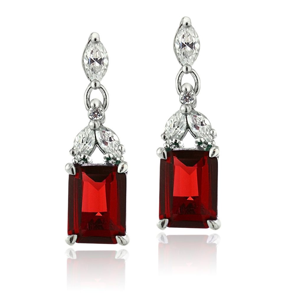 Sterling Silver Created Ruby & CZ Rectangle Dangle Earrings - Grocery