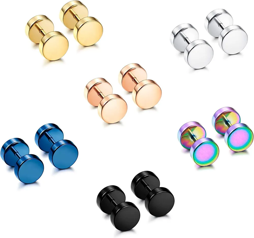 6 Pairs Stainless Men Earrings Studs Ear Piercing Plugs Tunnel Screw Design Fake Gauges Earrings Flat Back Stud Earring Set for Men Women - Grocery