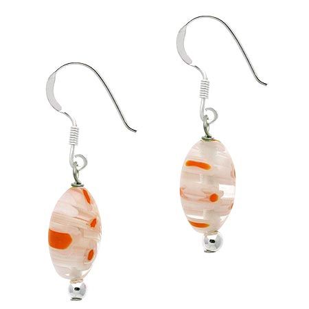 Sterling Silver White Millefiori Murano Glass Oval Dangle Earrings - Grocery