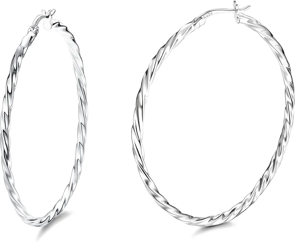 925 Sterling Silver Twisted Hoop Earrings for Women White Gold Plated Small Hoop Earrings Lightweight Huggie Hinged Hoop Earring - Grocery