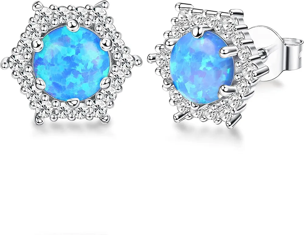 Opal Stud Earrings For Women 6mm Opal and Cubic Zirconia Halo Stud Earrings Statement Earrings October Birthstone Earrings - Grocery