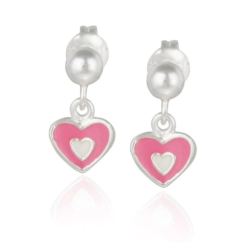 Sterling Silver Pink Enamel Heart Girls Dangle Earrings - Grocery