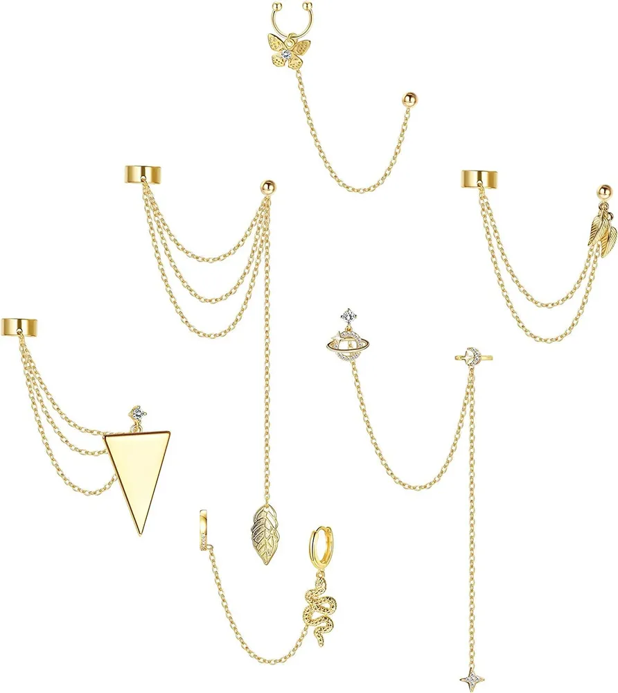 6Pcs Cuff Earrings Chain Ear Cuff Crawler Earrings Dangling Chain Butterfly Star Moon Leaf Cuff Earrings for Women - Grocery