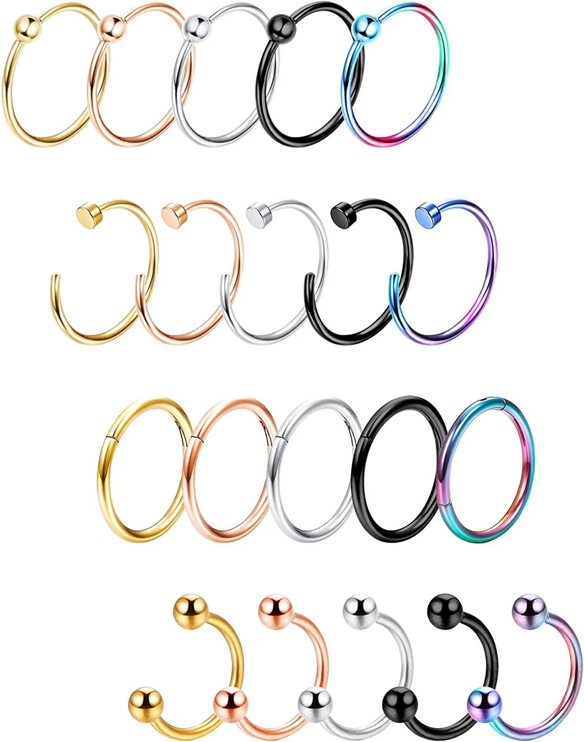 20Pcs Stainless Nose Ring Hoop for Men Women Cartilage Hoop Earrings Helix Septum Conch Daith Lip Tragus Piercing Set - Grocery