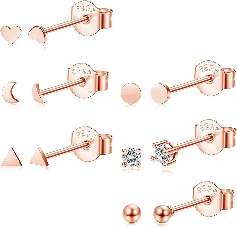 6 Pairs Tiny Stud Earrings for Women 925 Sterling Silver Mini Heart Moon Triangle Earrings Small Disc Dot CZ Ball Earrings - Grocery