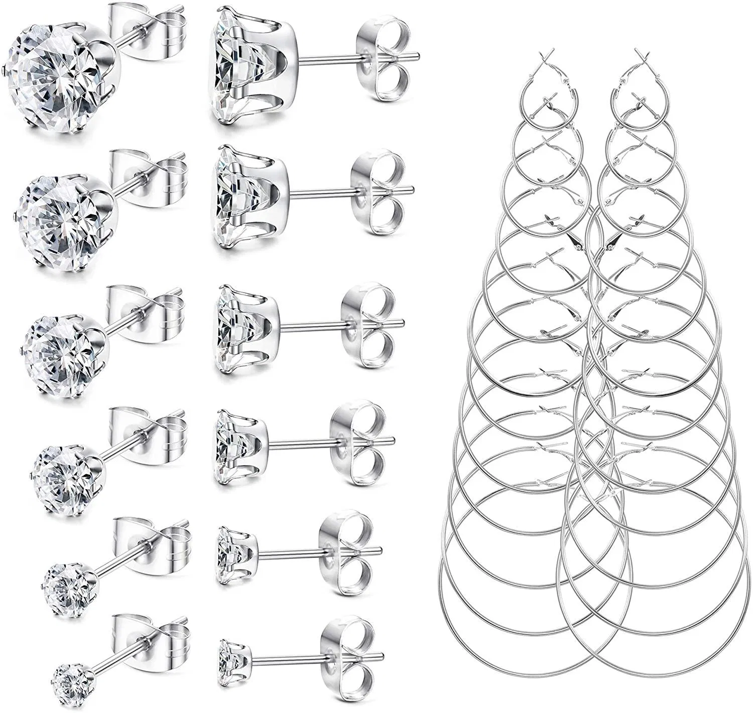 18 Pairs Stud Earrings Hoop Earrings Set for Women Hypoallergenic Stainless Steel Studs With Cubic Zirconia 3-8mm Round Circle Endless Hoops 2.5-7cm Pack - Grocery