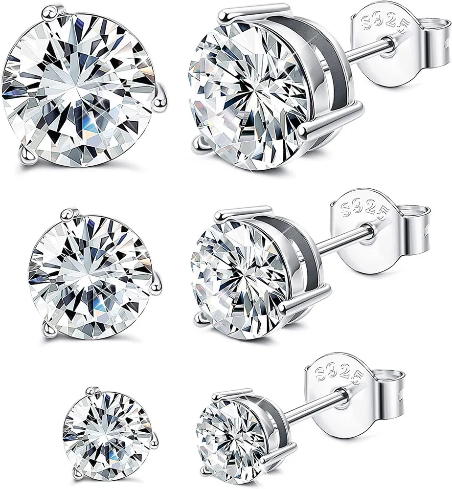 3 Pairs Round-Cut Crystals Stud Earrings for Women Sterling Post Earrings Hypoallergenic Gift for Her 4-8MM Crystals from Austria - Grocery