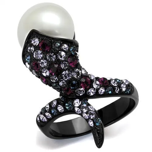 TK2203 - IP Black(Ion Plating) Stainless Steel Ring with Synthetic Pearl in White - Grocery