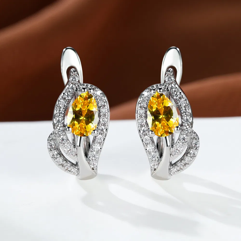 Water Drop Stone Hoop Earrings For Women Luxury Multicolor Zirconia Leaf Crystal Silver Color Wedding Hoop Earrings - Grocery