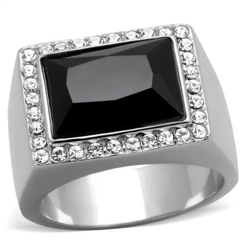 TK1810 - High polished (no plating) Stainless Steel Ring with Synthetic Onyx in Jet - Grocery