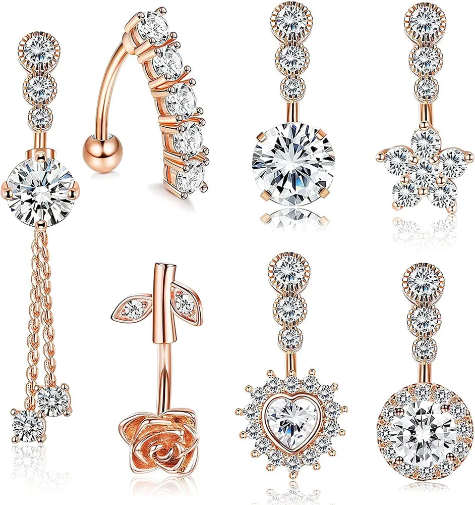 7Pcs 14G Belly Button Bars; Belly Button Rings Surgical for Women; Reverse Navel Barbell Clear CZ Flower Heart Belly Button Piercing Stainless Steel - Grocery