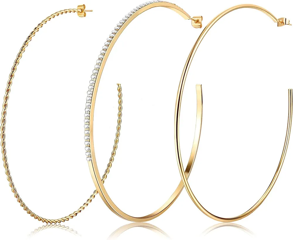 3 Pairs Stainless Big Hoop Earrings for Women with CZ Inlaid Twisted Open Hoop Earrings 100mm - Grocery